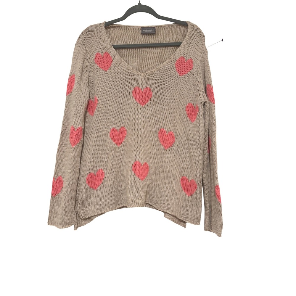 Anthropologie Wooden Ships sz M beige pink heart boho V neck sweater P